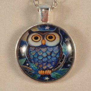 Silver Mystical Owl Star Moon Cabochon Pendant Chain Necklace Party Gift